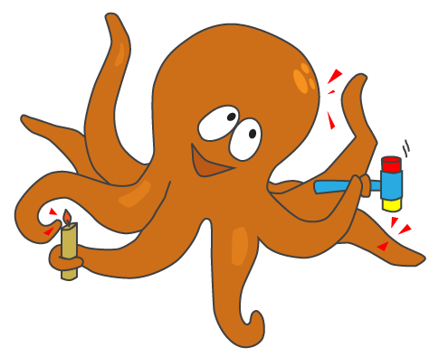 Ollie the octopus, hitting one of his tenticles with a play hammer but oblivious to the pain