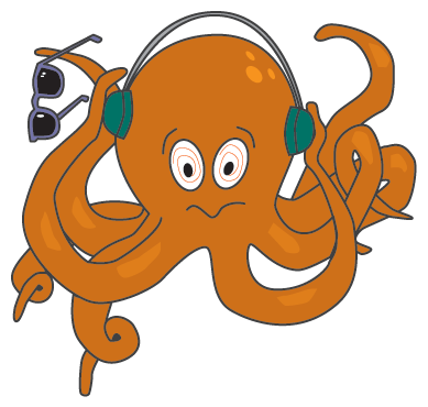 Ollie the octopus, with noise reducing headphones and sunglasses