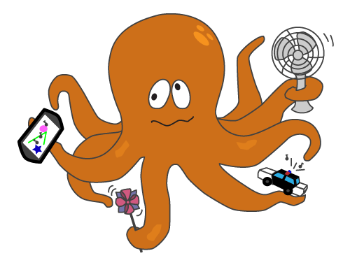 Ollie the octopus, playing with four toys at once that all have lights and sound
