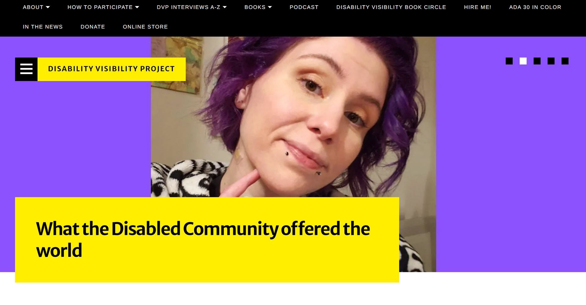 Screen capture of the Disabiltiy Visibility Project home page.