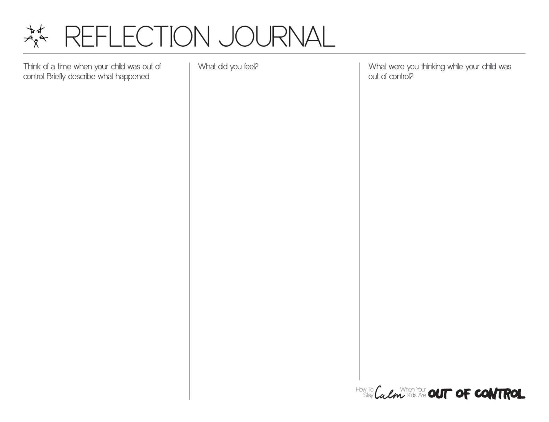 Screen shot of the reflection journal. It has 3 columns and each is labled with a question.